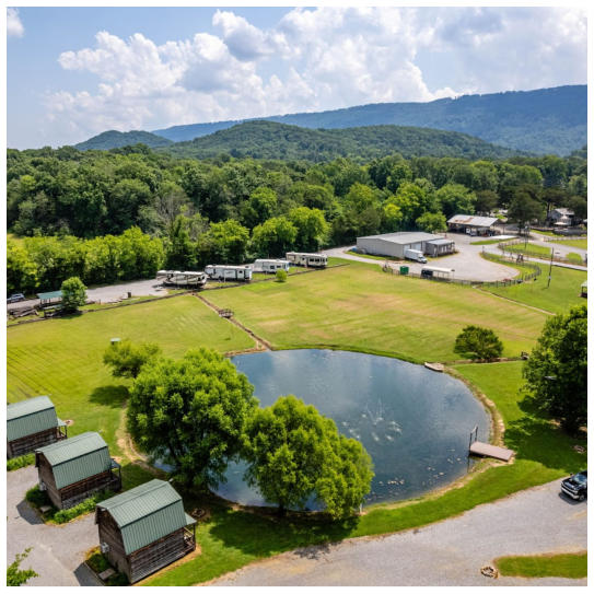 aerial view of our pond, rv sites and cabins